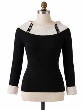 White House Black Market Black & White Off-Shoulder Button Strap Sweater